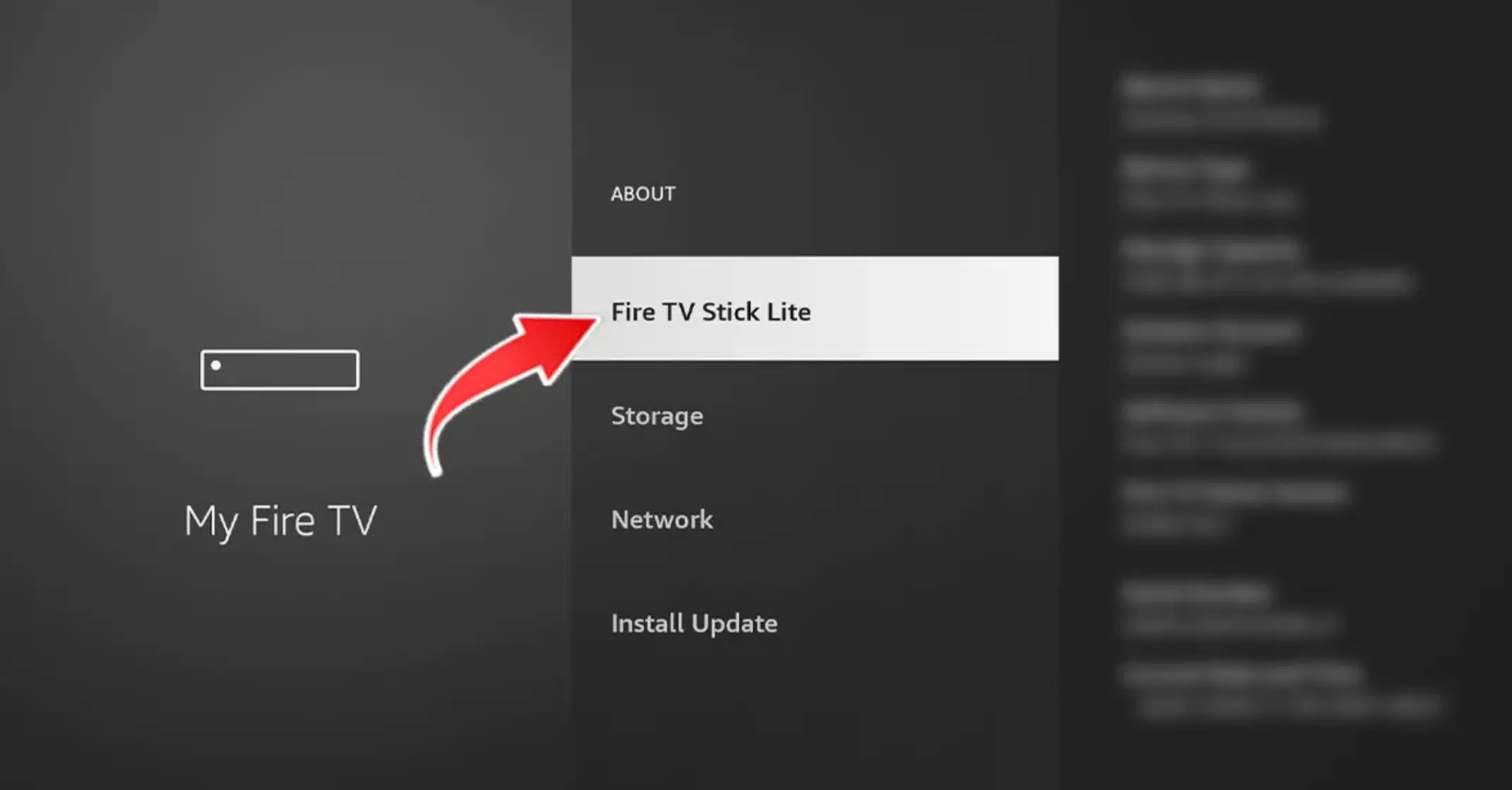 Firestick About-valikko, jossa Fire TV Stick Lite -laitemalli on valittuna kehittäjäasetusten aktivoimiseksi IPTV-asennusta varten