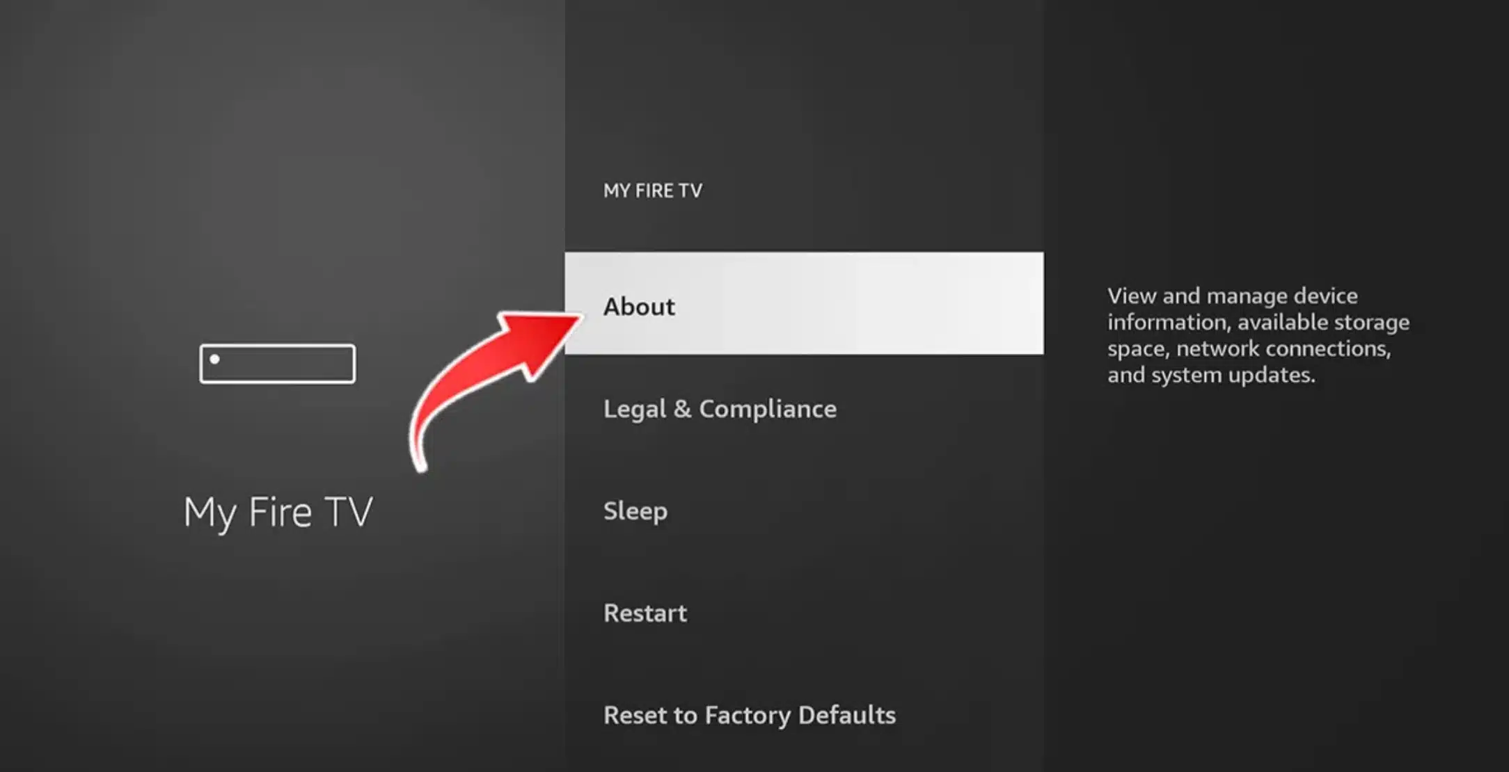 Firestick My Fire TV -valikko, jossa käyttäjä siirtyy About-osioon kehittäjäasetusten aktivoimiseksi IPTV-asennusta varten