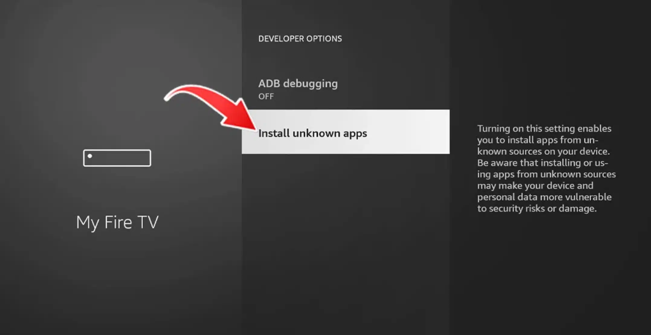 Firestick Developer Options -valikko, jossa Install Unknown Apps -vaihtoehto on valittuna IPTV-sovellusten asentamista varten