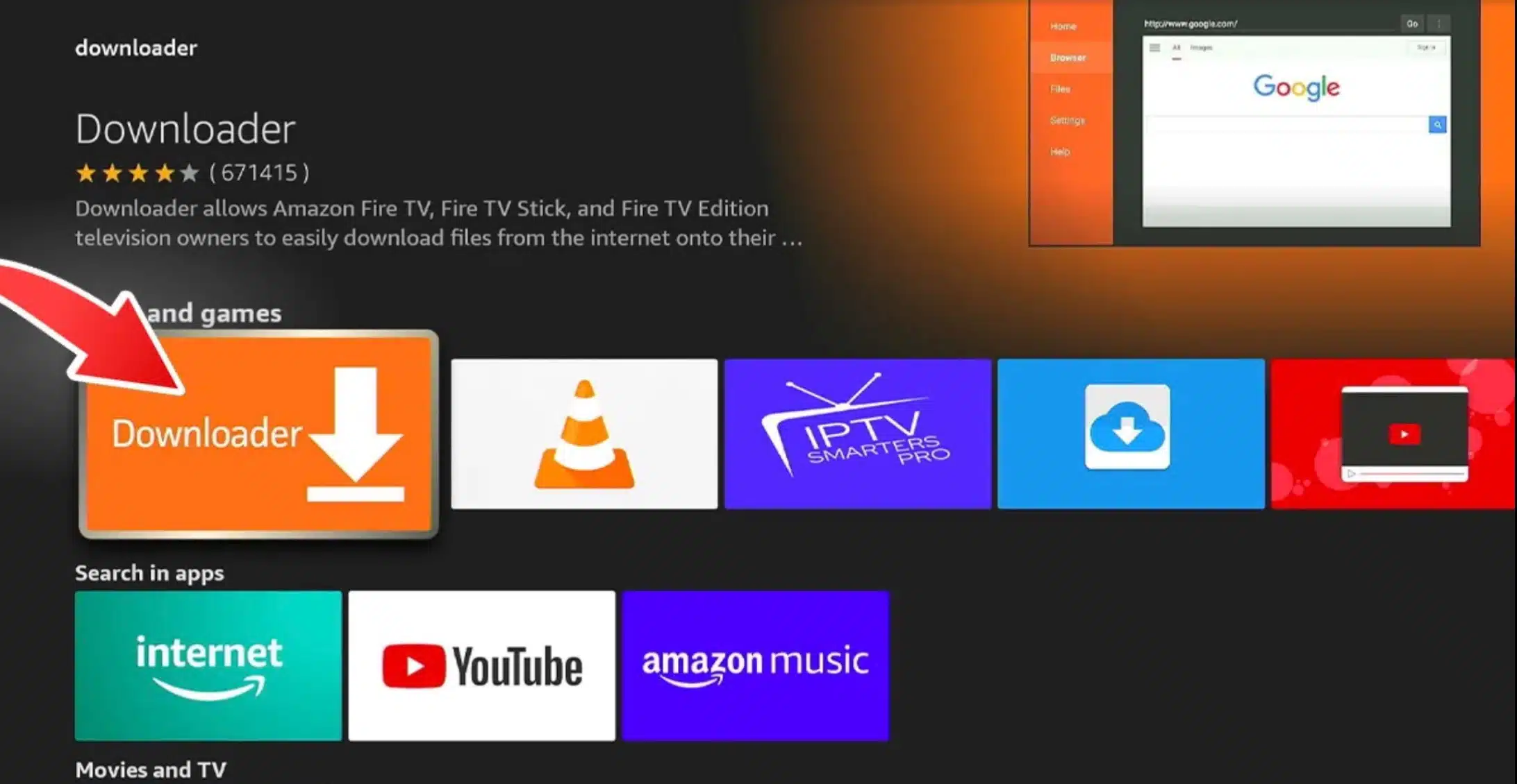 Firestick-näkymä, jossa Downloader-sovellus on valittuna IPTV-asennusta varten