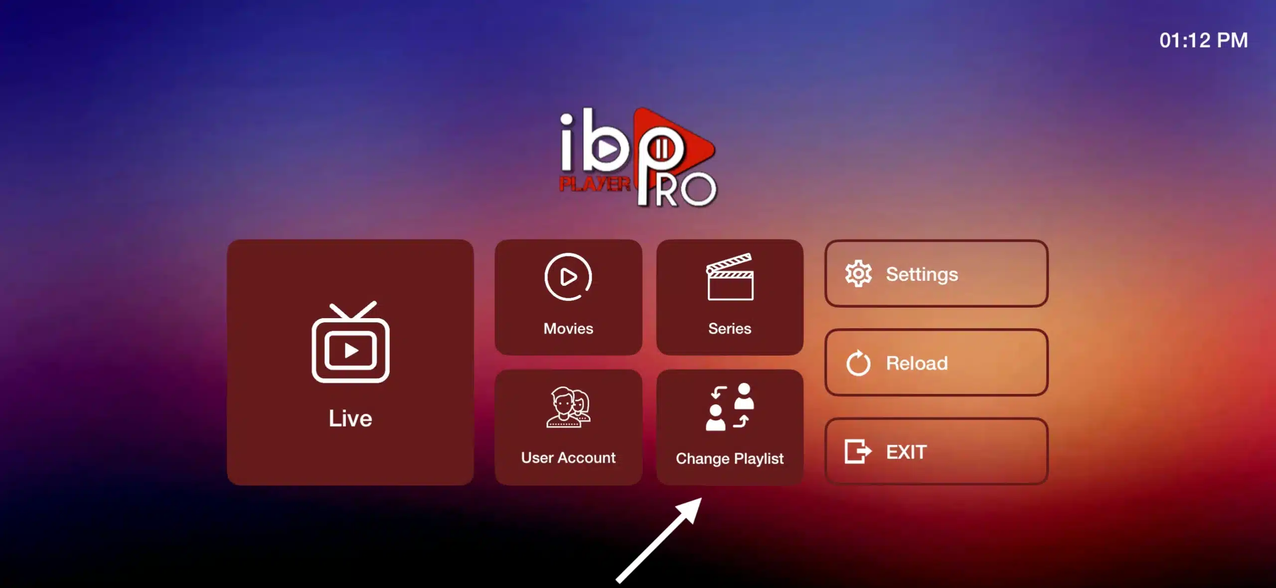 ibo Player Pro -aloitusnäyttö, jossa näkyvät Live-, Movies-, Series-, User Account- ja Change Playlist -valikot IPTV-käyttöä varten