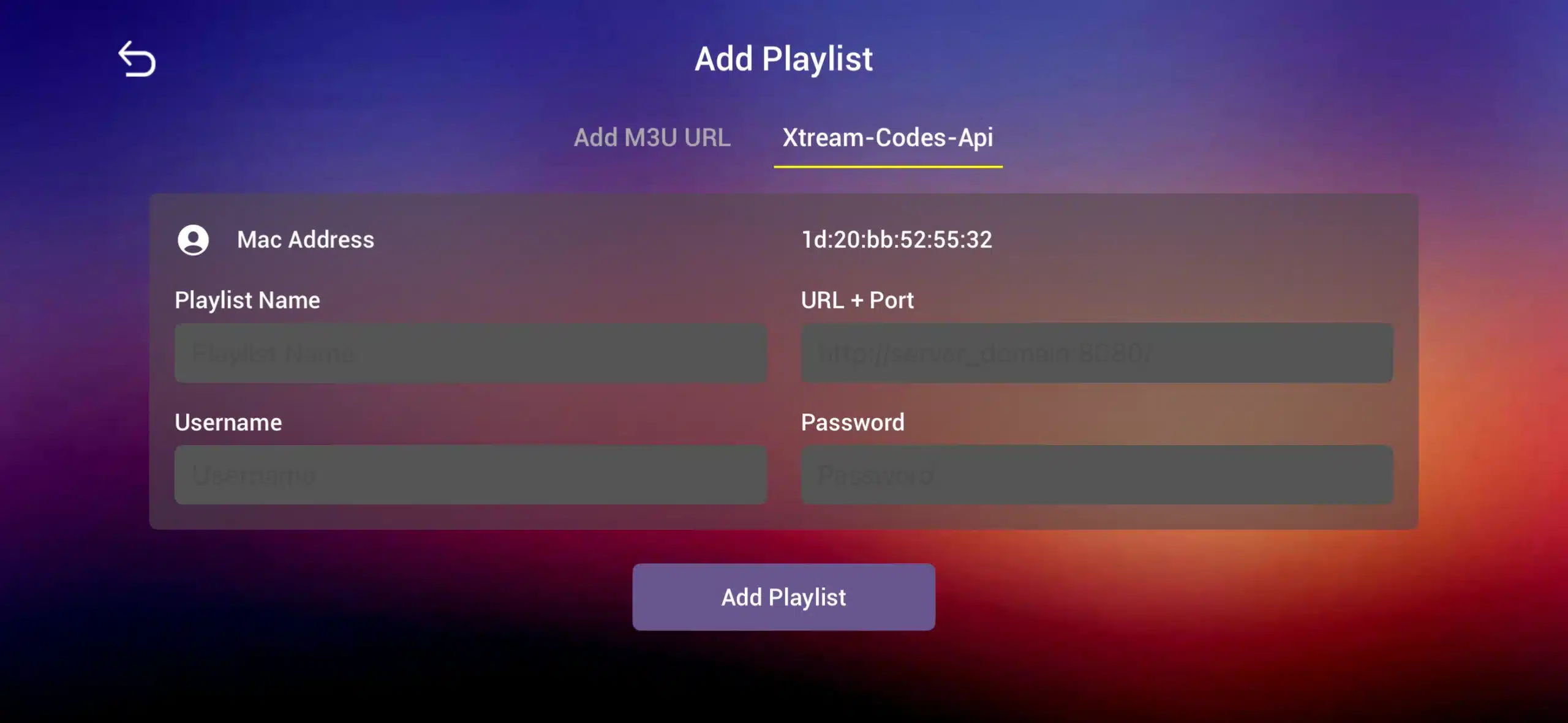 ibo Player Pro -Add Playlist -näkymä, jossa käyttäjä voi lisätä soittolistan Xtream Codes -tunnuksilla (URL, käyttäjänimi ja salasana)