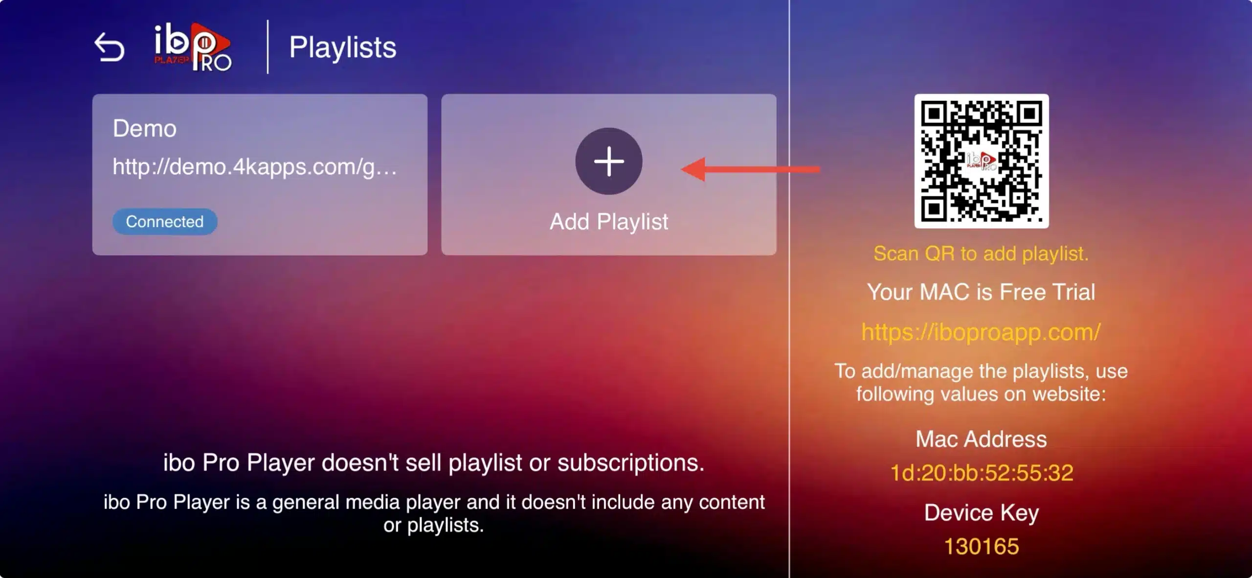 ibo Player Pro -soittolistojen näkymä, jossa näkyvät Demo-lista, Add Playlist -painike ja QR-koodi uusien IPTV-soittolistojen lisäämistä varten