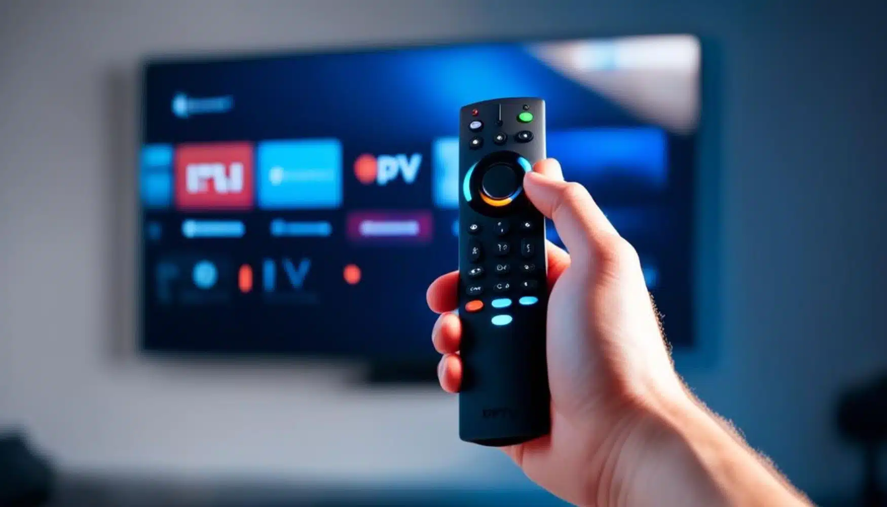 Käsi pitelee kaukosäädintä älytelevision edessä, jossa näkyy IPTV-sovellusten valikko