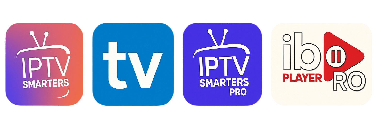 Suosittujen IPTV-sovellusten logot: IPTV Smarters, TiviMate, IPTV Smarters Pro ja ibo Player Pro