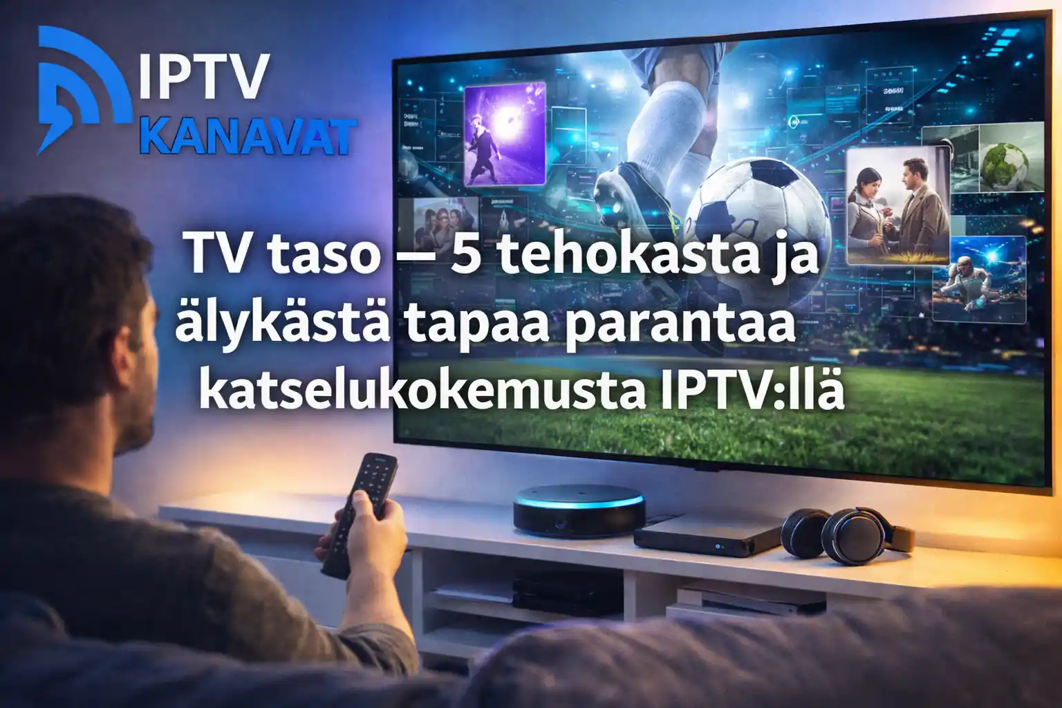 Tyylikäs ja moderni TV taso olohuoneessa, jonka päällä on älytelevisio ja IPTV-laite