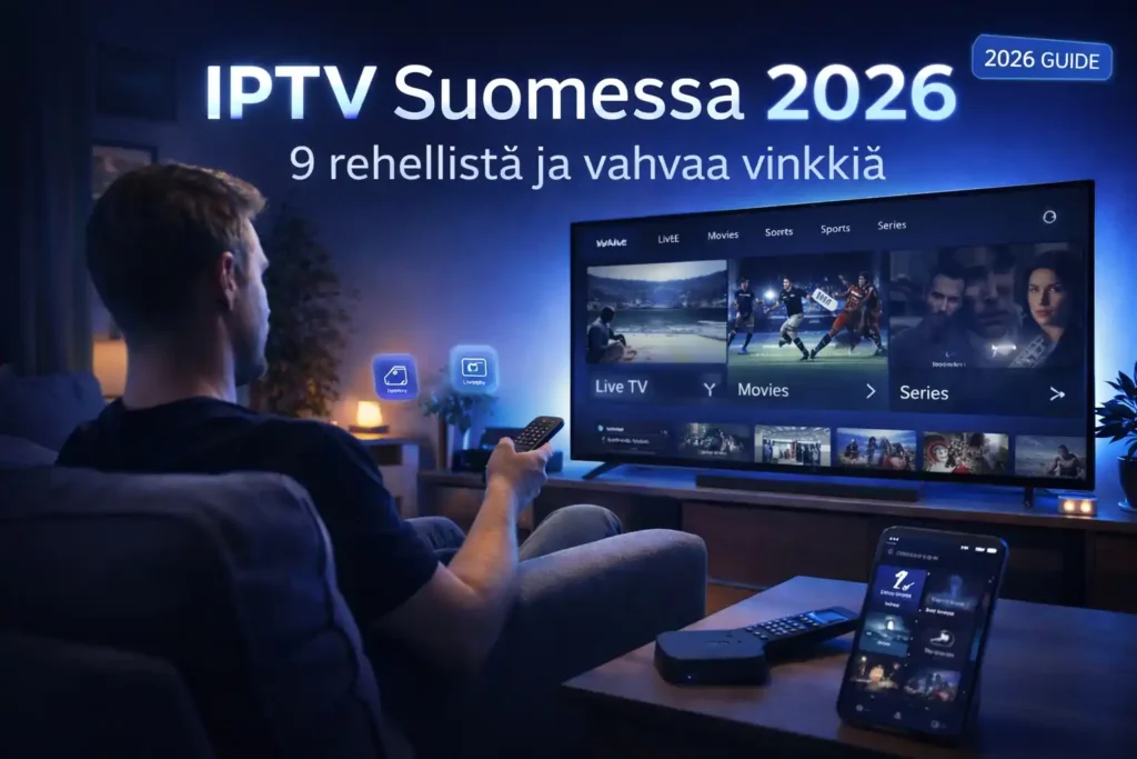 IPTV Suomessa 2026 -opas suomalaisessa olohuoneessa älytelevision ja IPTV-käyttöliittymän kanssa