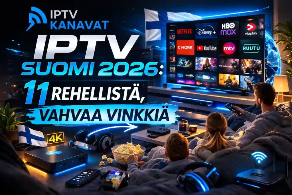 iptv suomi 2026 – perhe katsoo IPTV:tä suomalaisessa olohuoneessa 4K-laadulla, 11 rehellistä vahvaa vinkkiä