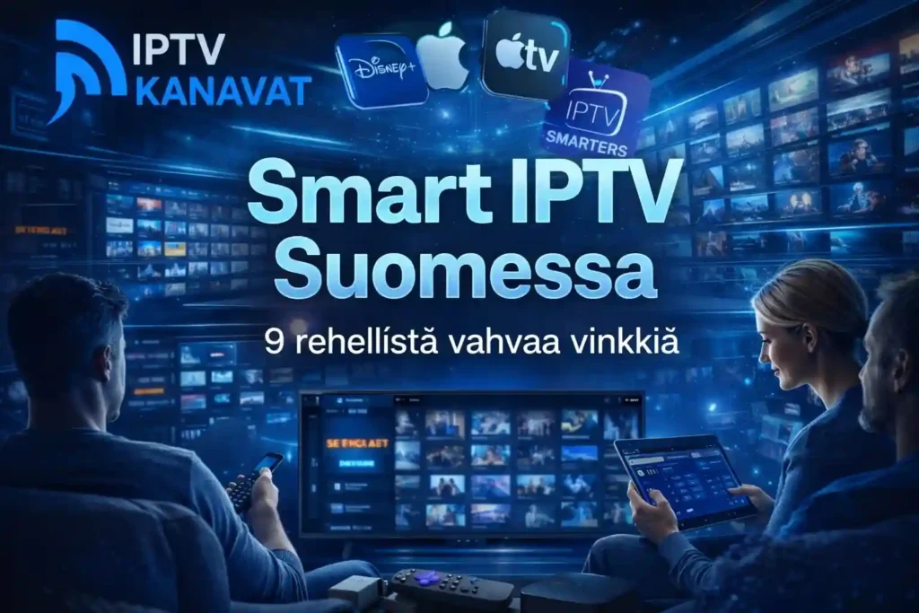 Smart IPTV Suomessa 9 rehellistä vahvaa vinkkiä – sininen futuristinen IPTVKanavat-kuva televisiosta, suoratoistosovelluksista ja katsojista
