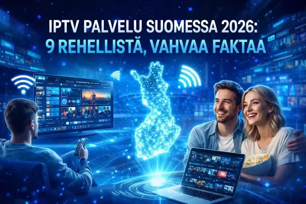 iptv palvelu suomessa 2026 – moderni futuristinen IPTV käyttö suomalaisessa olohuoneessa, älytelevisio, suoratoisto, perhe katsomassa sisältöä, sininen teknologinen valaistus