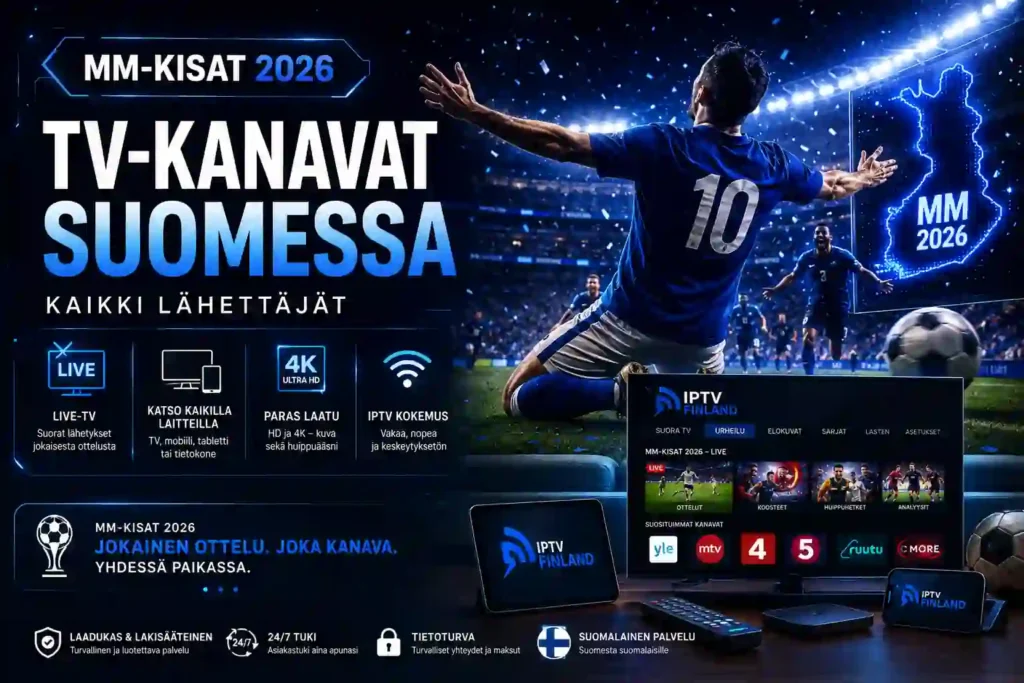 MM-kisat 2026 TV-kanavat Suomessa – jalkapallofani seuraa MM-kisojen ottelua IPTV-palvelulla useilla laitteilla Suomessa